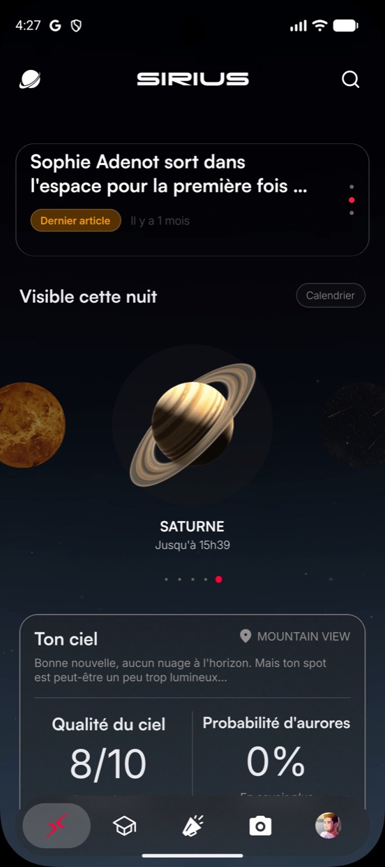 Écran d’accueil de l’application Sirius : Saturne visible cette nuit, qualité du ciel 8/10